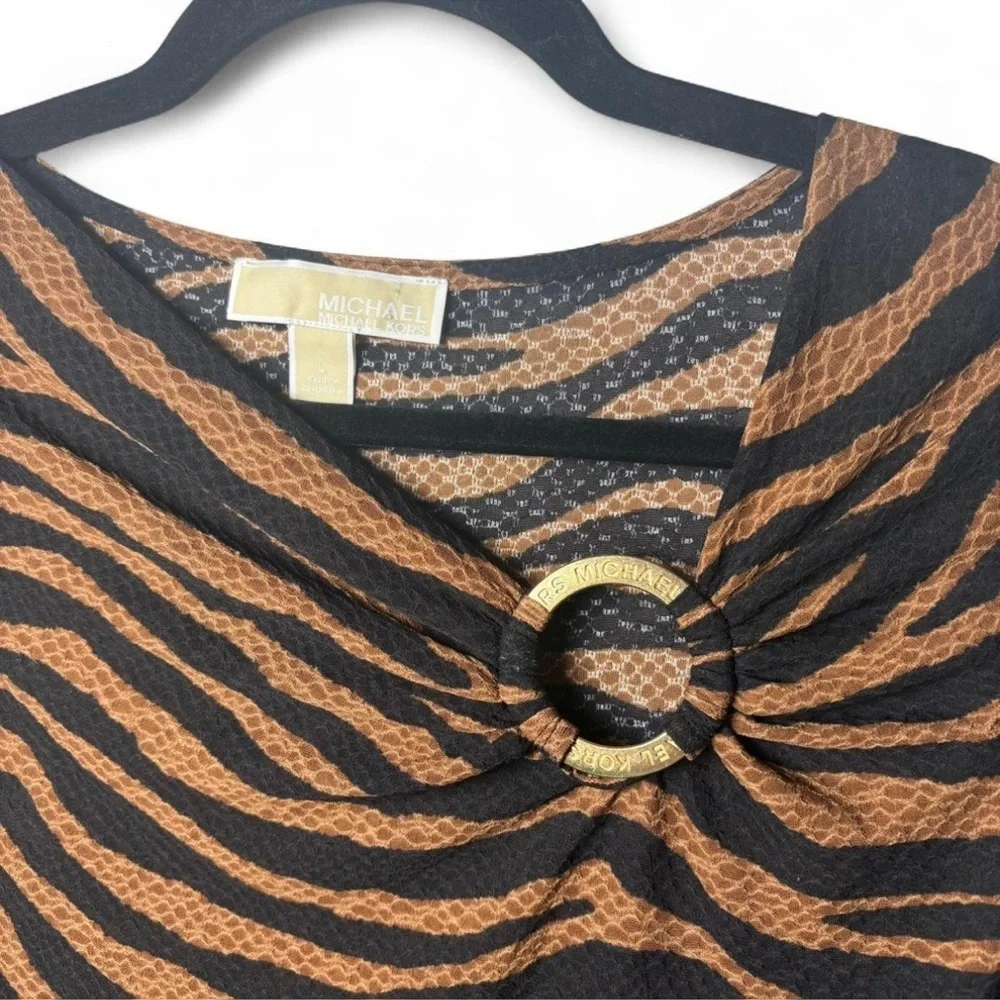 Michael Kors Animal Print Blouse L Brown Black Gold Ring Y2K Chic